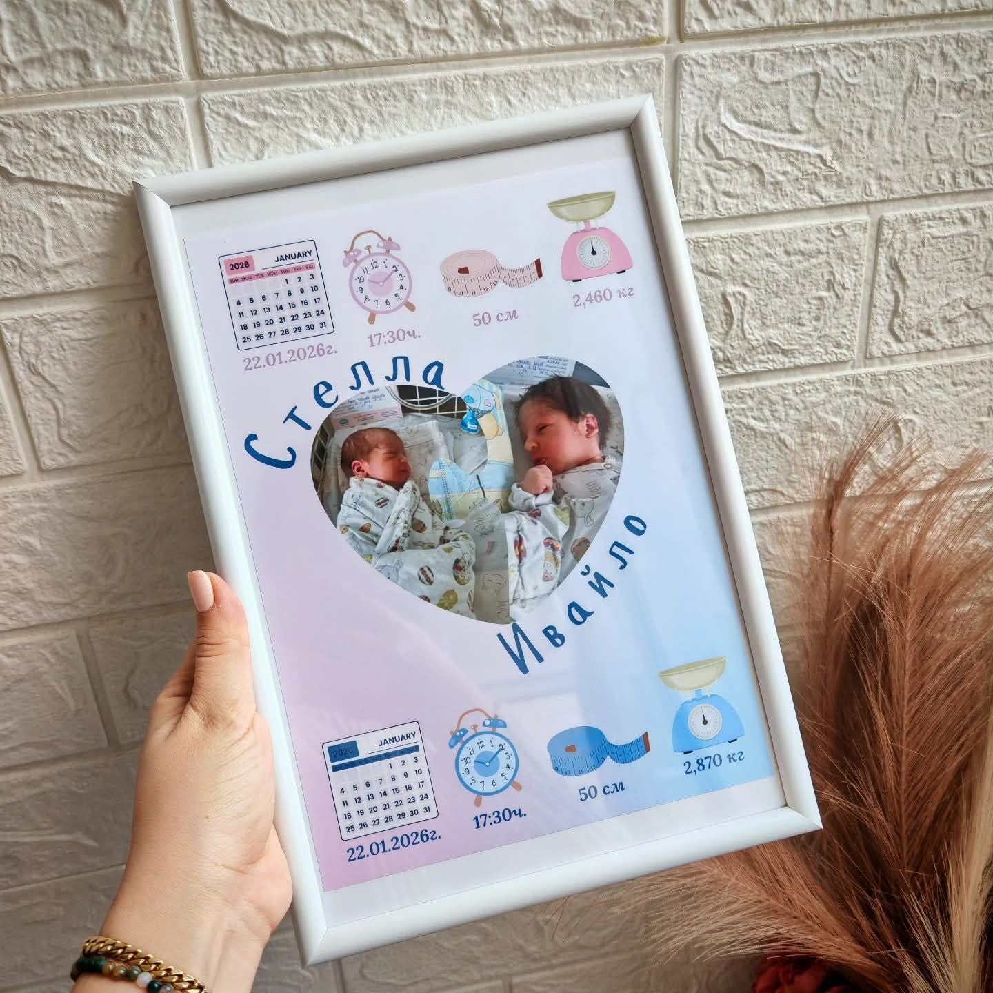 Бебешка визитка за близнаци – стилен и персонализиран подарък за новородени