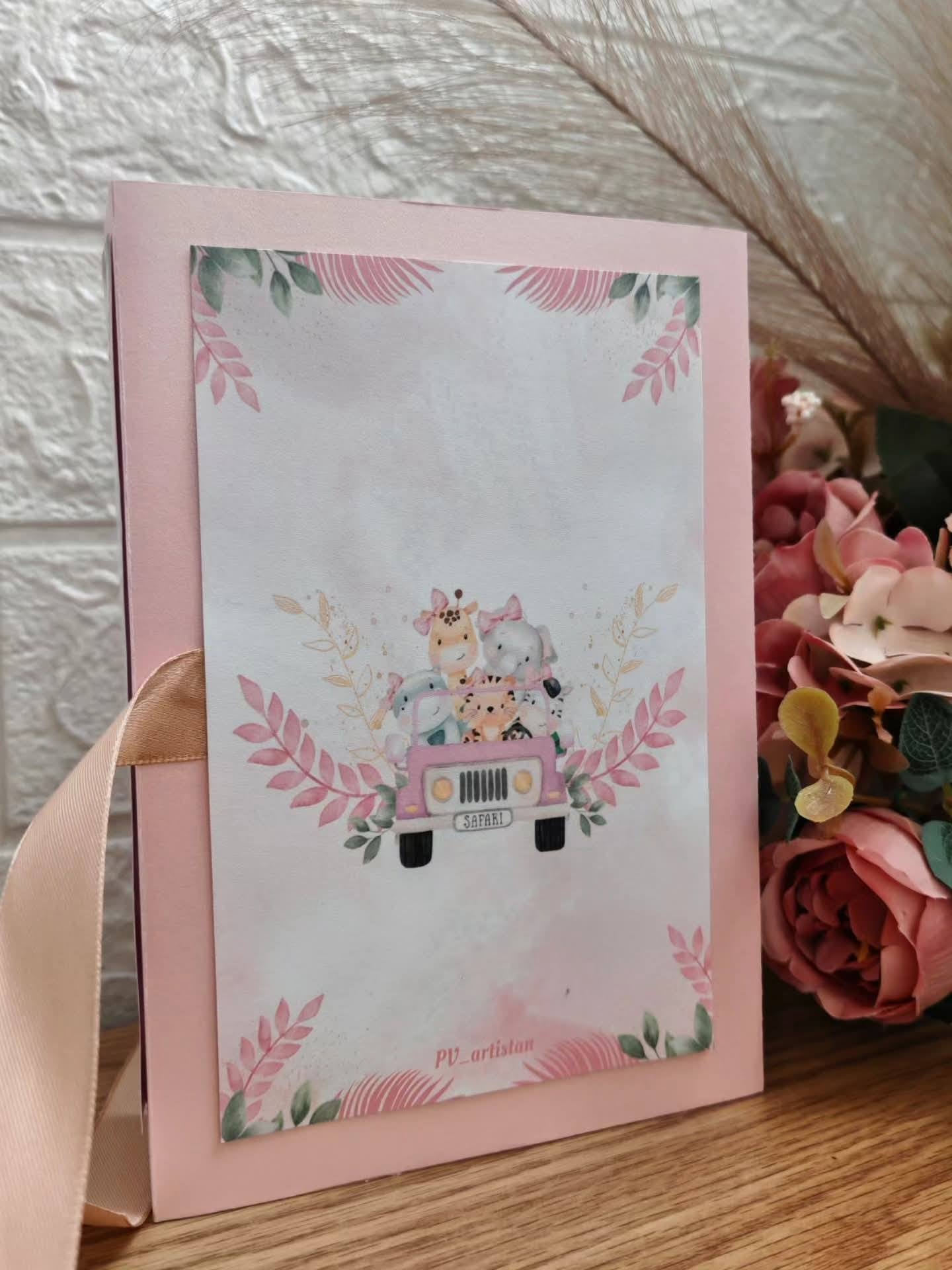 Детска картичка "Розово сафари"
